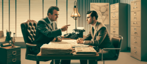 Image of two businessmen discussing over a table, with one stern pointing at another