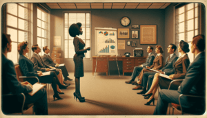 Depiction of female business person presenting to c-suite boardroom