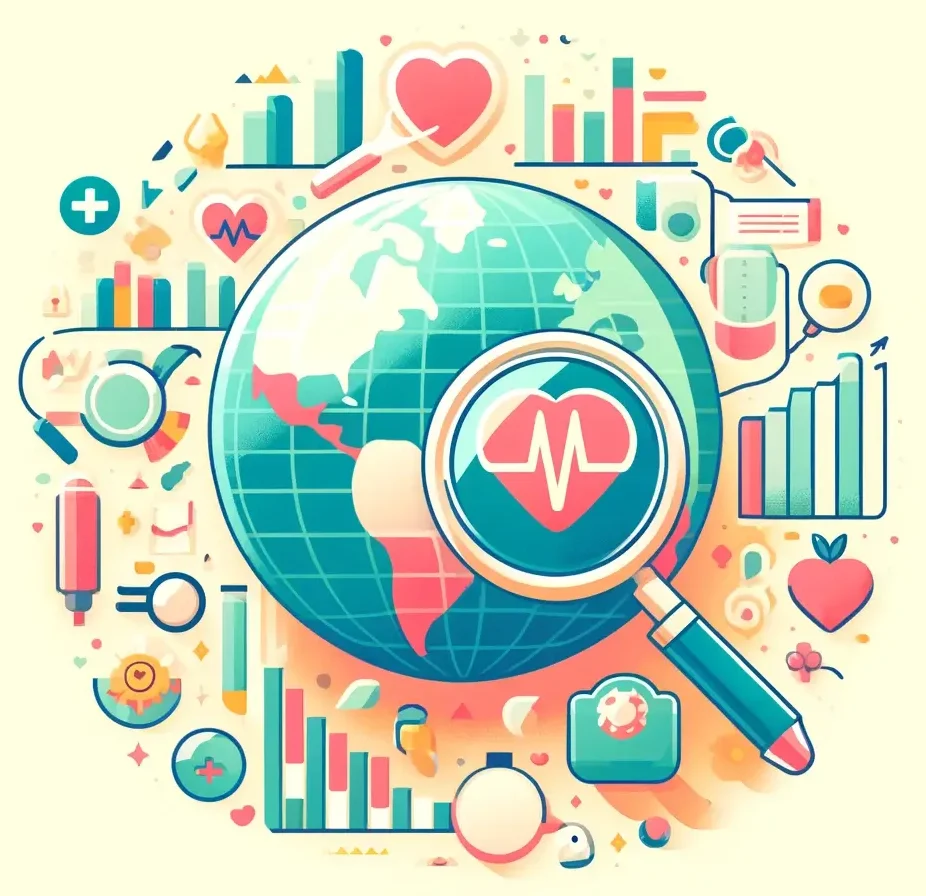 Pastel retro image about health insights with a globe to showcase the rest of the world. Features light colors with elements such as charts, graphs, magnifying glasses, and icons representing health, including hearts, stethoscopes, and apples. The design is vibrant, inviting, and informative, with the globe subtly integrated into the background.