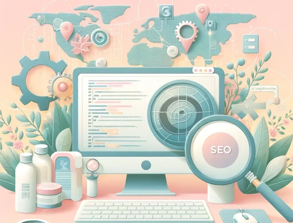 Soft pastel-themed image depicting technical SEO for healthcare and pharmaceutical websites. Features include a computer screen with detailed code, gears, a magnifying glass, search engine symbols, a plant, and a map highlighting various localities. The design is welcoming, professional, and focuses on technical SEO and digital marketing strategies