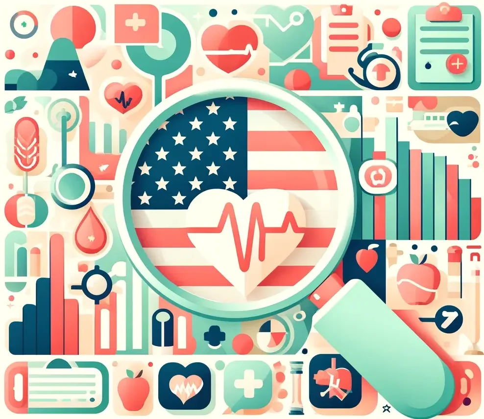 Pastel retro image about health insights with the USA flag incorporated. Features light colors with elements such as charts, graphs, magnifying glasses, and icons representing health, including hearts, stethoscopes, and apples. The design is vibrant, inviting, and informative, blending the USA flag subtly into the background