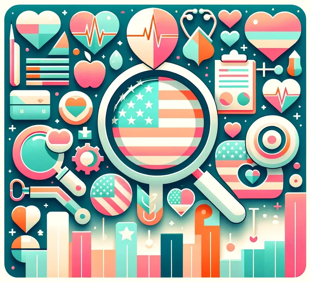 Pastel retro image about health insights with the USA flag incorporated. Features light colors with elements such as charts, graphs, magnifying glasses, and icons representing health, including hearts, stethoscopes, and apples. The design is vibrant, inviting, and informative, with the USA flag subtly integrated into the background