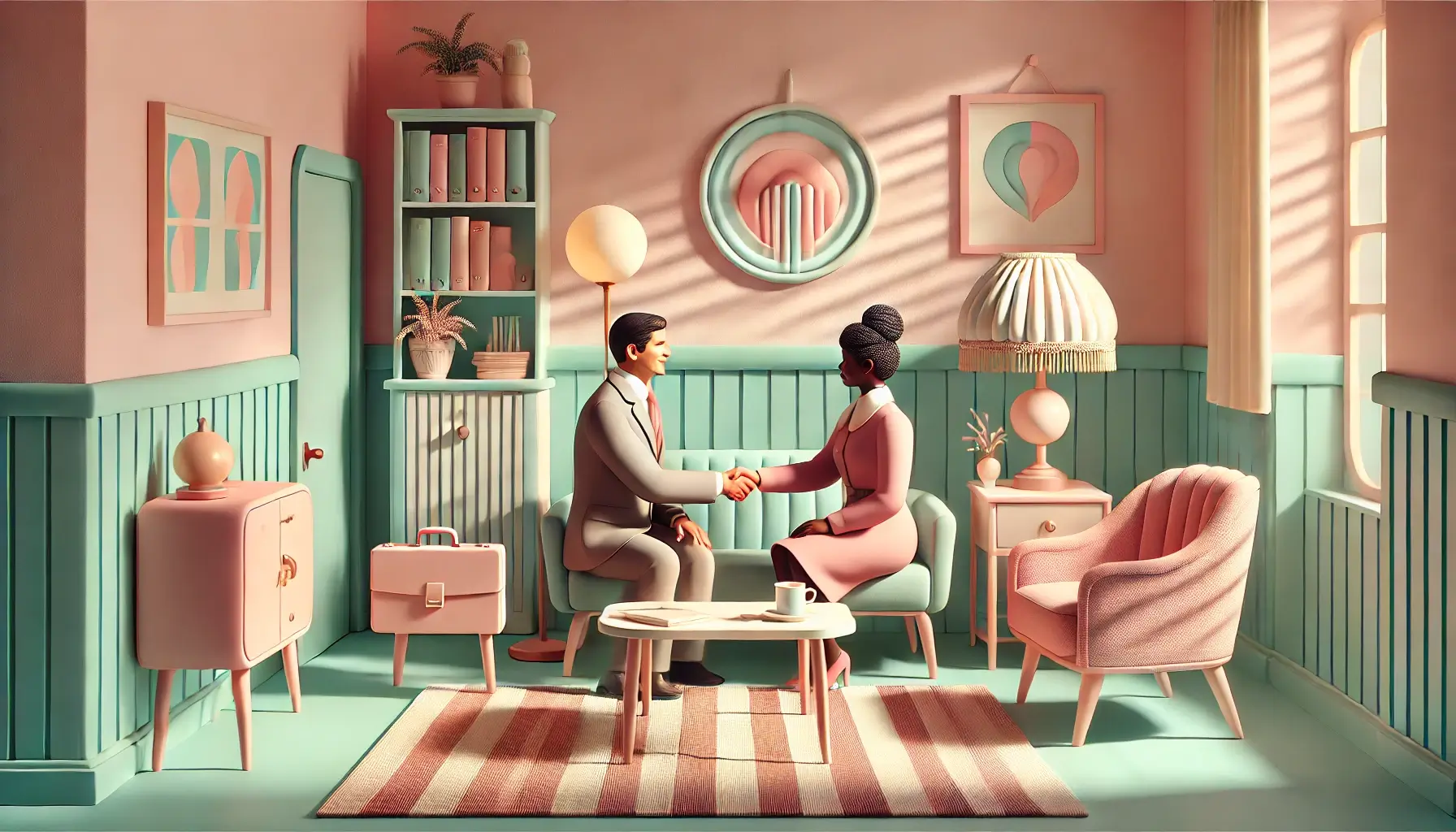 A whimsical 1980s-inspired meeting room with pastel-colored decor. A female black healthcare professional and a corporate business person shake hands, surrounded by cozy furniture, vintage lamps, and nostalgic elements. Perfect for retro enthusiasts, this scene exudes a soft, nostalgic feel with its pastel tones and carefully curated decor.