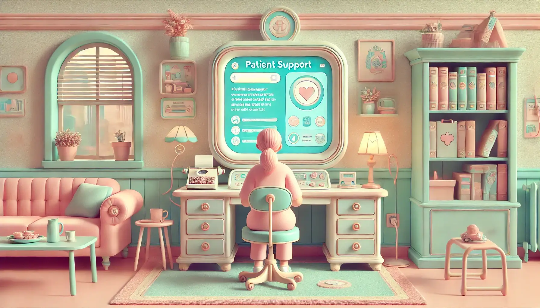 a whimsical retro 1980s hospital scene with pastel colors and cozy decor. A patient interacts with a vintage computer displaying a search bar, surrounded by nostalgic elements like a warm-glowing lamp, a bookshelf filled with books, and a coffee table with a cup and plant. Perfect for evoking a sense of nostalgia and comfort in a uniquely styled environment.