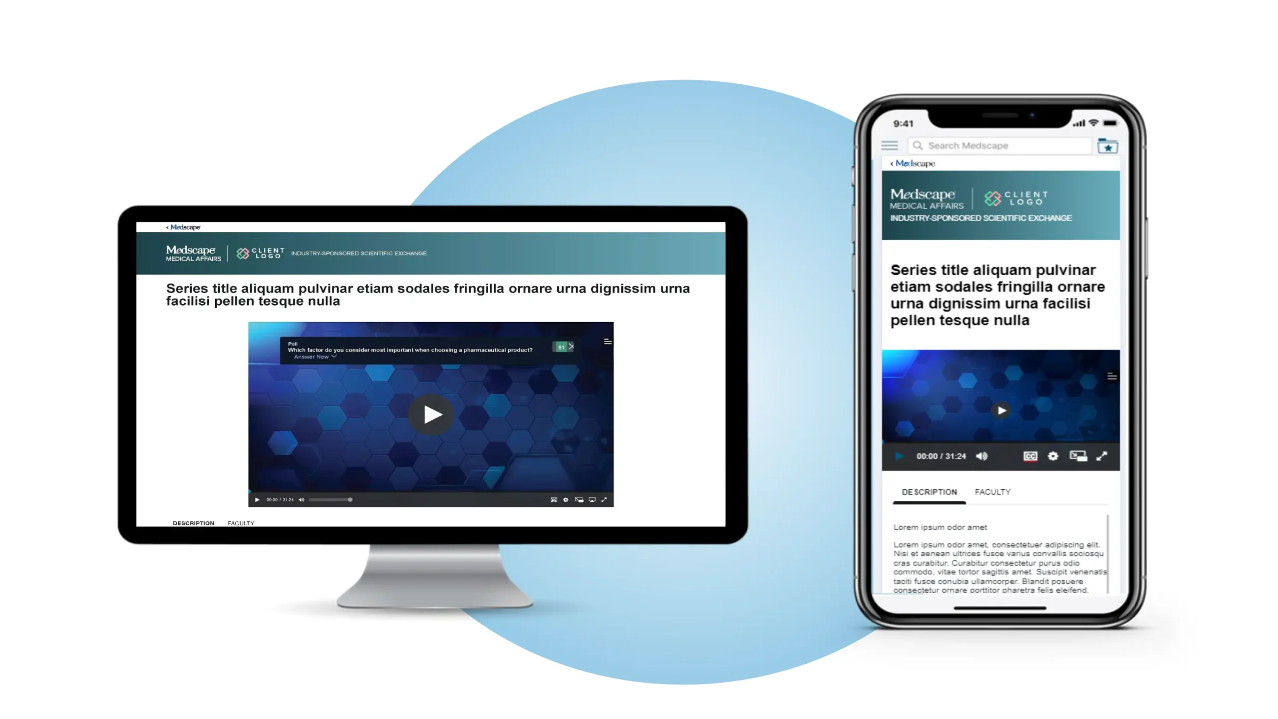 Medscape Medical Affairs screenshots of laptop and mobile phone with video players in both