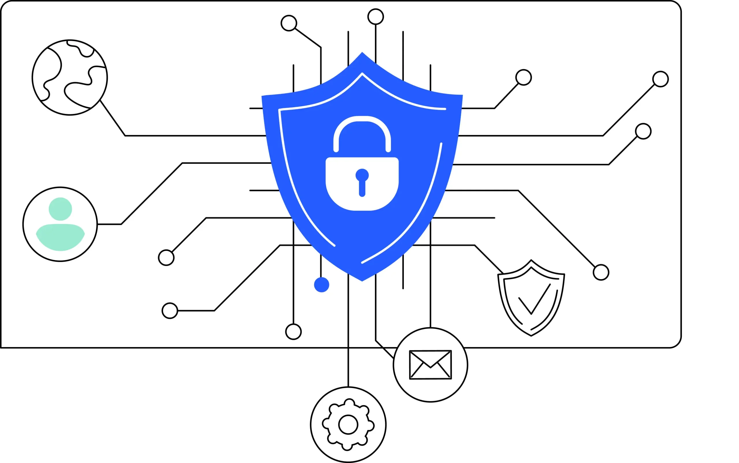 Padlock in blue badge with various icons emanating from centre