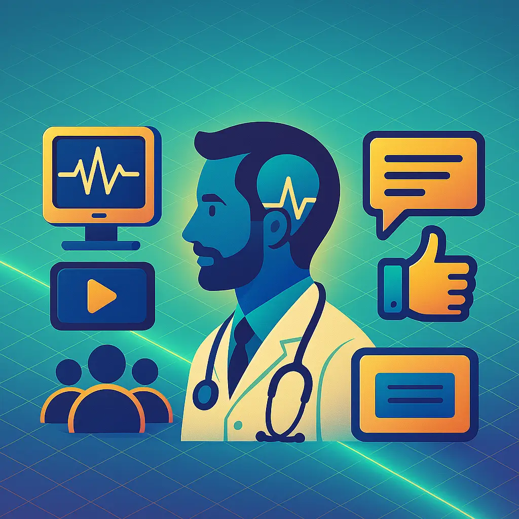 Cartoon depiction of physician with icons around them, blue and green background 