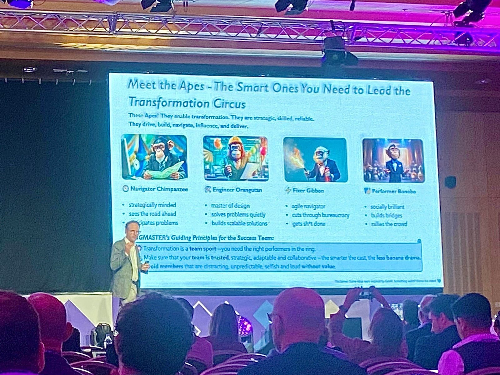 Dr Michael Kurr from Boehringer Ingelheim presenting on stage about the 'transformation circus' at Next Pharma Summit