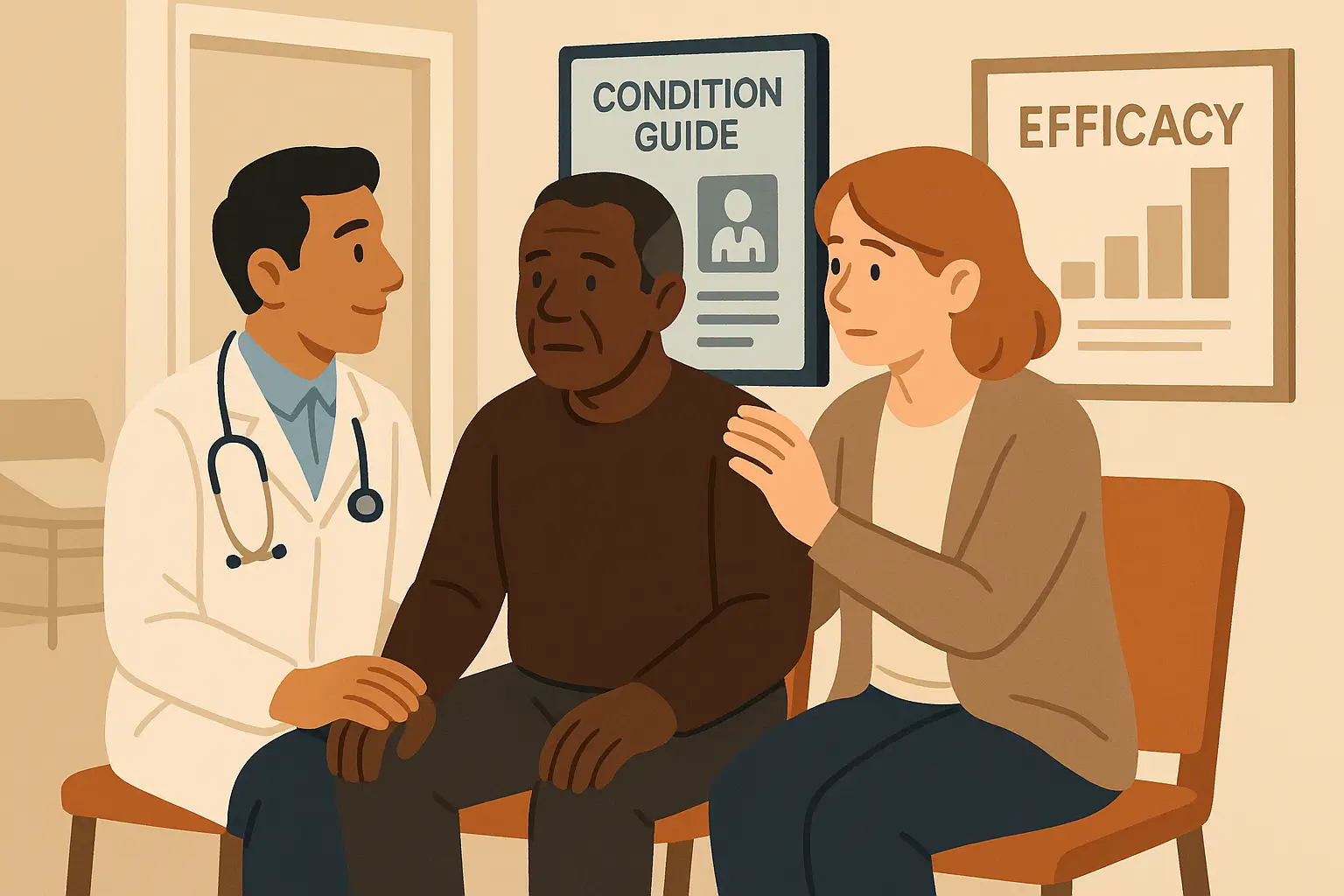 Cartoon depiction of point of care media environment with patient, caregiver and doctor