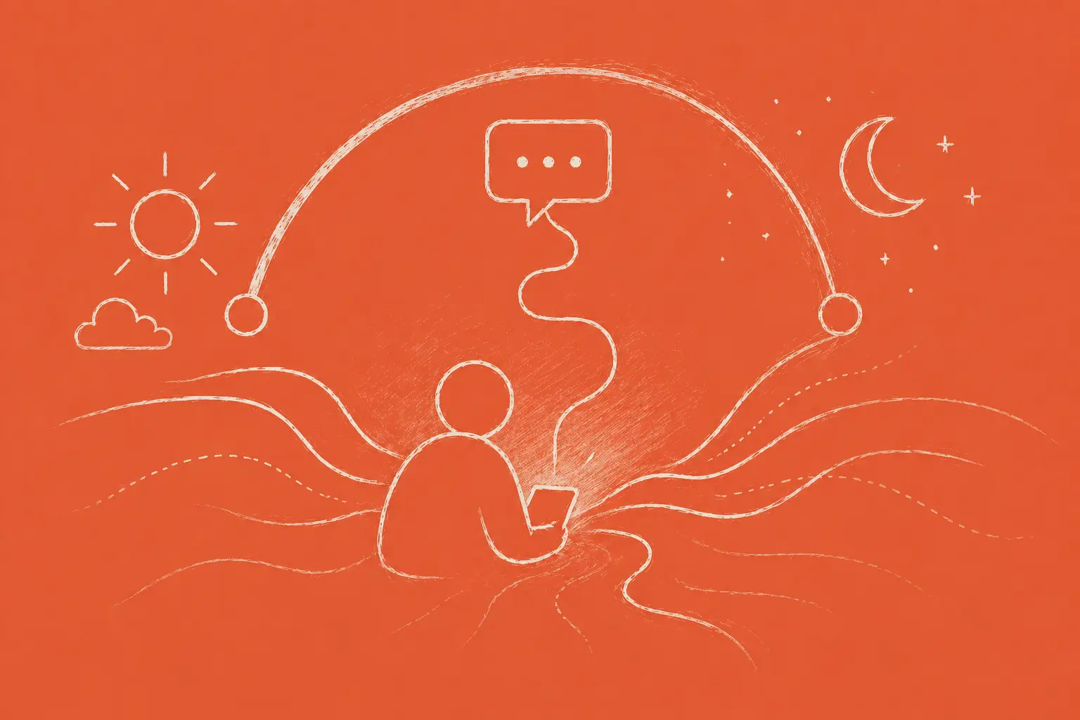 White pencil drawing on block bold orange background